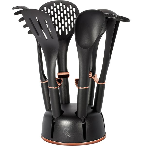 Elegantes 6-tlg. Küchenhelfer Set (Schwarz-Roségold) mit drehbarem Ständer: Stilvolle Kochutensilien für jede Küche | Praktisch, hochwertig & ein echter Blickfang