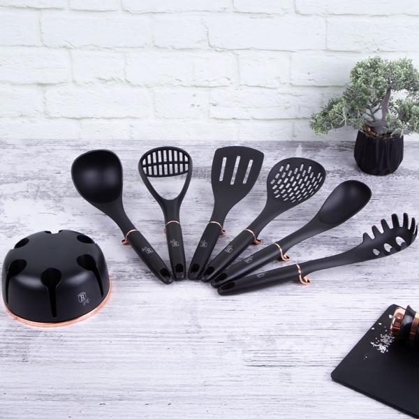 Elegantes 6-tlg. Küchenhelfer Set (Schwarz-Roségold) mit drehbarem Ständer: Stilvolle Kochutensilien für jede Küche | Praktisch, hochwertig & ein echter Blickfang