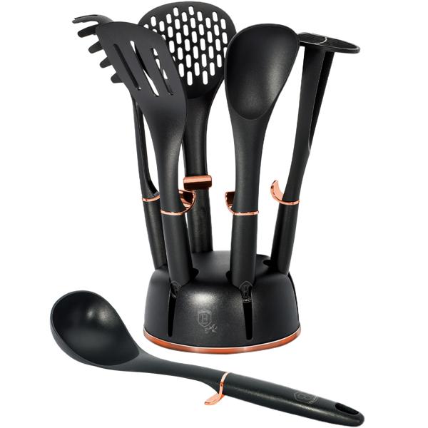 Elegantes 6-tlg. Küchenhelfer Set (Schwarz-Roségold) mit drehbarem Ständer: Stilvolle Kochutensilien für jede Küche | Praktisch, hochwertig & ein echter Blickfang
