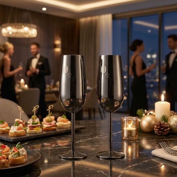 Elegantes 2tlg. Metall Champagnerglas Set, schwarz: Unzerbrechlich & stilvoll für Sektliebhaber, Robust, kühlend & für besondere Momente