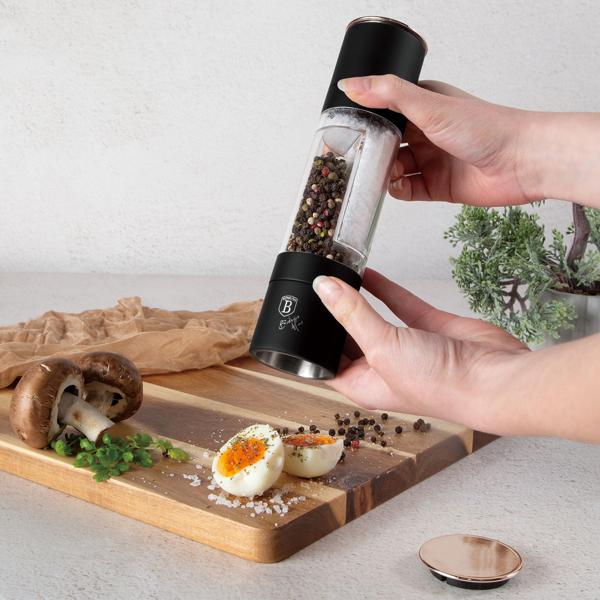 2in1 Salz- & Pfeffermühle: schwarz-roségold, Designer Gewürzmühle - Stilvoll & Praktisch – Mahlt Salz & Pfeffer gleichzeitig - Blickfang für jede Küche