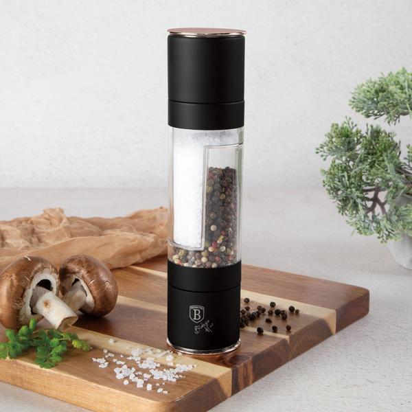 2in1 Salz- & Pfeffermühle: schwarz-roségold, Designer Gewürzmühle - Stilvoll & Praktisch – Mahlt Salz & Pfeffer gleichzeitig - Blickfang für jede Küche