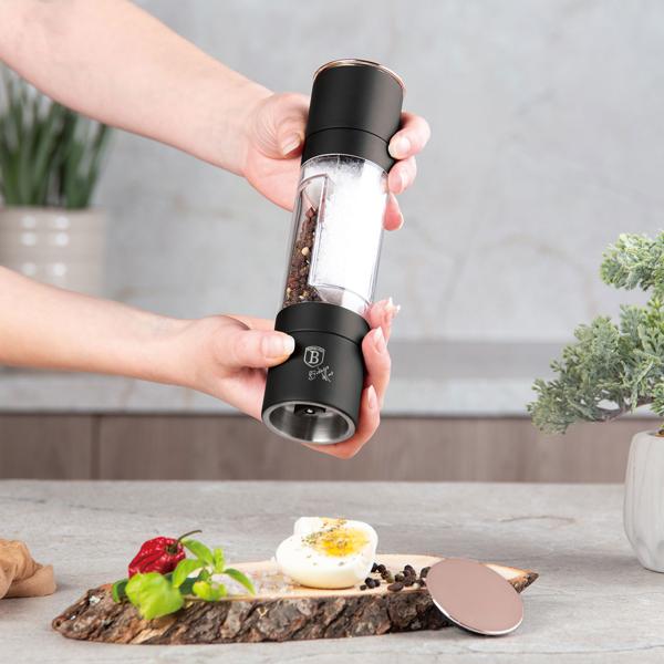2in1 Salz- & Pfeffermühle: schwarz-roségold, Designer Gewürzmühle - Stilvoll & Praktisch – Mahlt Salz & Pfeffer gleichzeitig - Blickfang für jede Küche
