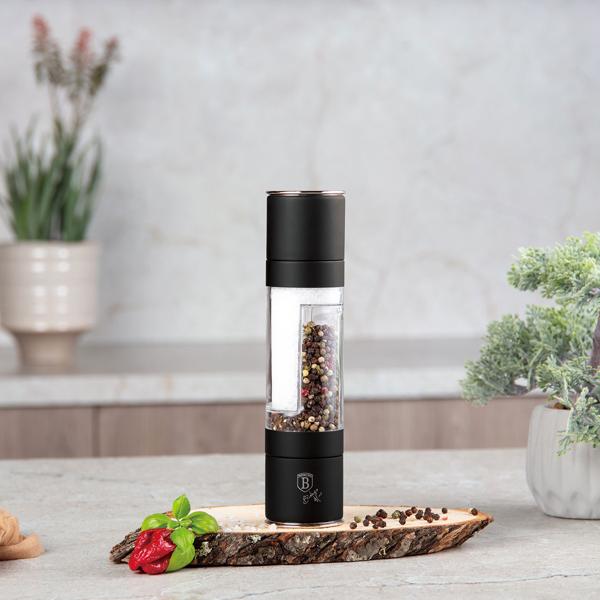 2in1 Salz- & Pfeffermühle: schwarz-roségold, Designer Gewürzmühle - Stilvoll & Praktisch – Mahlt Salz & Pfeffer gleichzeitig - Blickfang für jede Küche