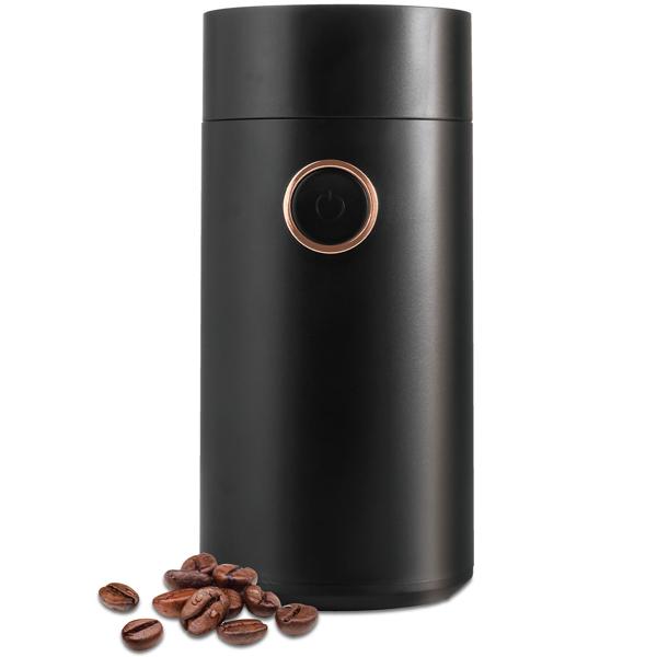 Leistungsstarke elektrische Kaffeemühle (150W), schwarz-roségold: Mahlt Kaffeebohnen schnell & aromatisch für besten Geschmack, einfache Bedienung