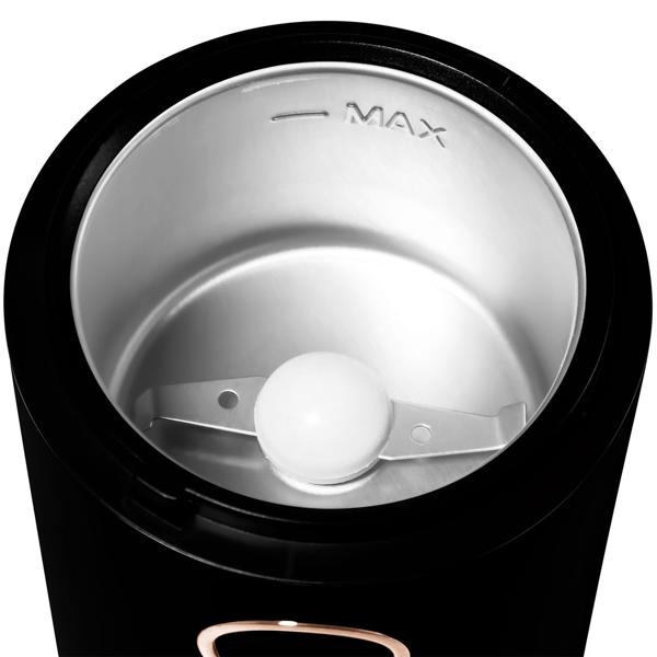 Leistungsstarke elektrische Kaffeemühle (150W), schwarz-roségold: Mahlt Kaffeebohnen schnell & aromatisch für besten Geschmack, einfache Bedienung