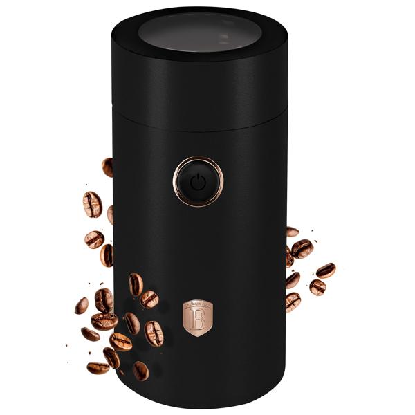Leistungsstarke elektrische Kaffeemühle (150W), schwarz-roségold: Mahlt Kaffeebohnen schnell & aromatisch für besten Geschmack, einfache Bedienung