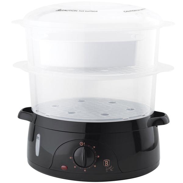 Elektrischer Dampfgarer (6L, 800W), schwarz-roségold: Für schonendes & gesundes Kochen, 2 Etagen, Timer & Abschaltautomatik, Vitamine erhalten, leicht & schnell