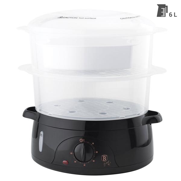 Elektrischer Dampfgarer (6L, 800W), schwarz-roségold: Für schonendes & gesundes Kochen, 2 Etagen, Timer & Abschaltautomatik, Vitamine erhalten, leicht & schnell