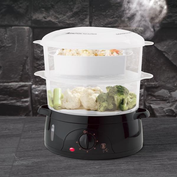 Elektrischer Dampfgarer (6L, 800W), schwarz-roségold: Für schonendes & gesundes Kochen, 2 Etagen, Timer & Abschaltautomatik, Vitamine erhalten, leicht & schnell