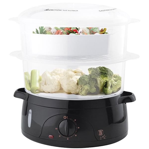 Elektrischer Dampfgarer (6L, 800W), schwarz-roségold: Für schonendes & gesundes Kochen, 2 Etagen, Timer & Abschaltautomatik, Vitamine erhalten, leicht & schnell