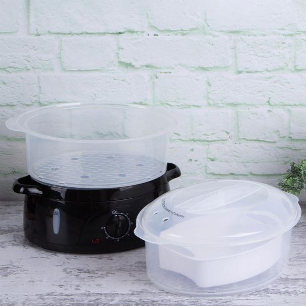 Elektrischer Dampfgarer (6L, 800W), schwarz-roségold: Für schonendes & gesundes Kochen, 2 Etagen, Timer & Abschaltautomatik, Vitamine erhalten, leicht & schnell