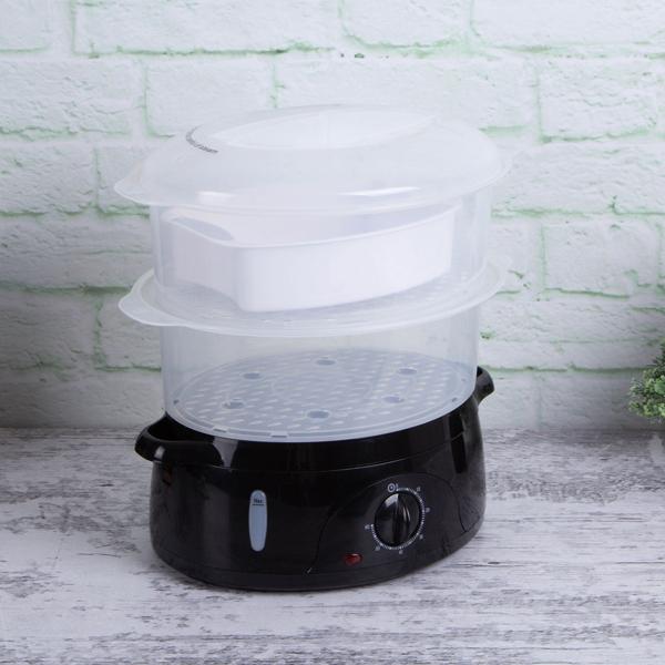 Elektrischer Dampfgarer (6L, 800W), schwarz-roségold: Für schonendes & gesundes Kochen, 2 Etagen, Timer & Abschaltautomatik, Vitamine erhalten, leicht & schnell