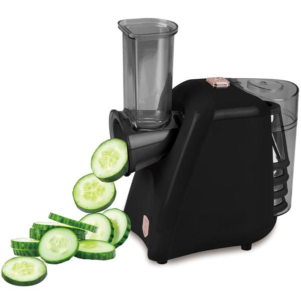 Elektrische Küchenreibe mit 5 Aufsätzen, schwarz-roségold, 150 Watt -  Zum Hobeln, Hacken oder Reiben