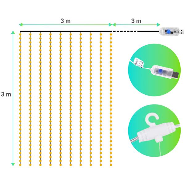 2er-Set Eleganter LED-Lichtervorhang mit Fernbedienung, warmweiss, 200 LEDs, 3x3m: Gemütliche Beleuchtung & Romantische Deko für Schlafzimmer&Wohnzimmer