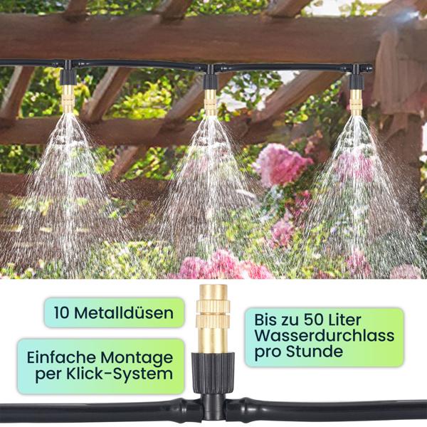 Wasser-Zerstäuber-Set mit 10-Meter-Schlauch und 10 Metalldüsen, Klicksystem: Ein Terrassen-Kühler für sofortige Erfrischung & einfache Gartenbewässerung