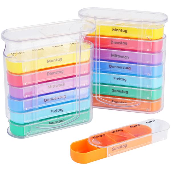 4er Set Medikamentenbox 7 Tage: Bunt, 4 Fächer täglich – Ein Wochen-Pillendosierer für einfache, sichere Einnahme & Übersicht