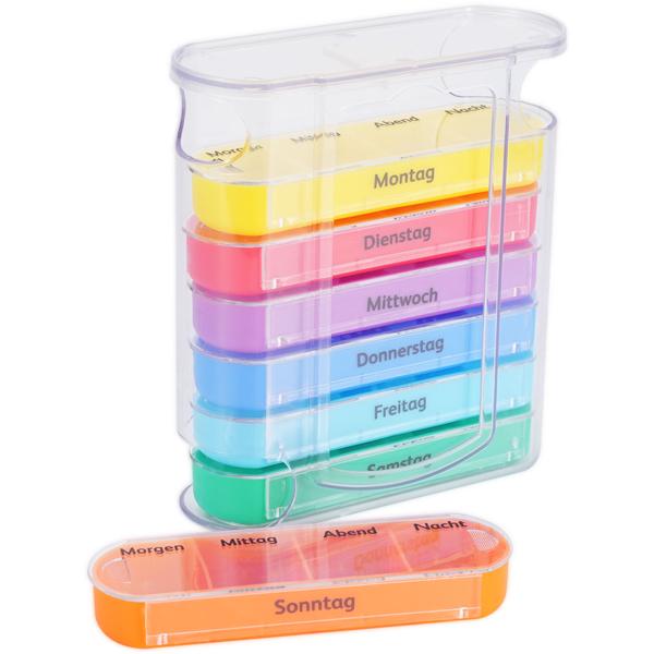 4er Set Medikamentenbox 7 Tage: Bunt, 4 Fächer täglich – Ein Wochen-Pillendosierer für einfache, sichere Einnahme & Übersicht