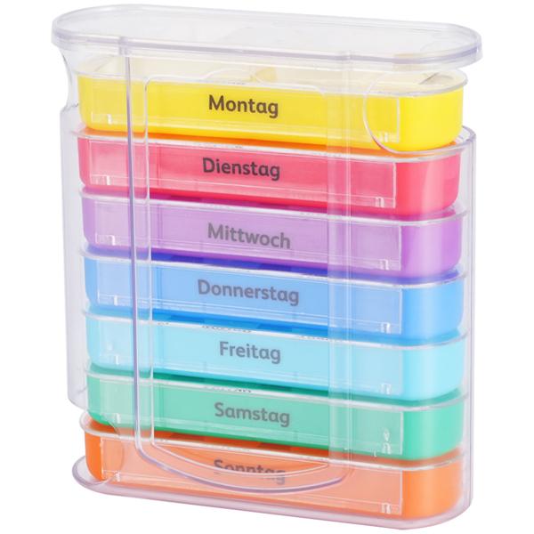 4er Set Medikamentenbox 7 Tage: Bunt, 4 Fächer täglich – Ein Wochen-Pillendosierer für einfache, sichere Einnahme & Übersicht