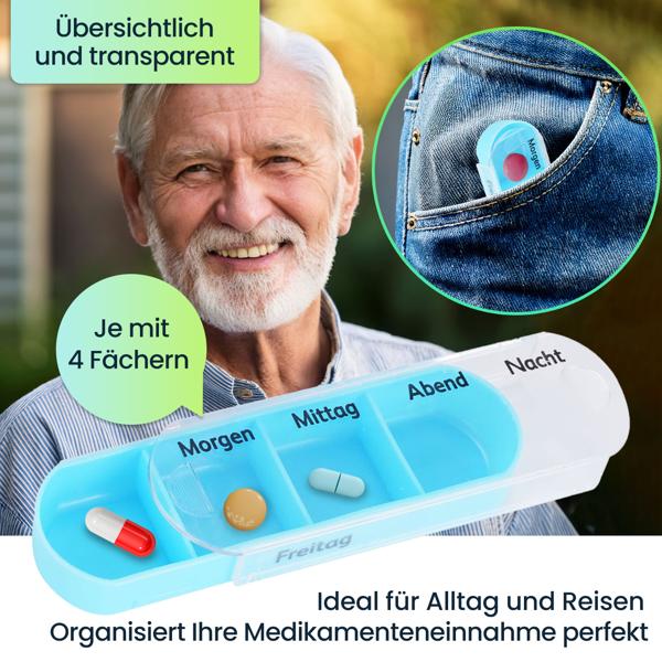 2er Set Medikamentenbox 7 Tage: Bunt, 4 Fächer täglich – Ein Wochen-Pillendosierer für einfache, sichere Einnahme & Übersicht