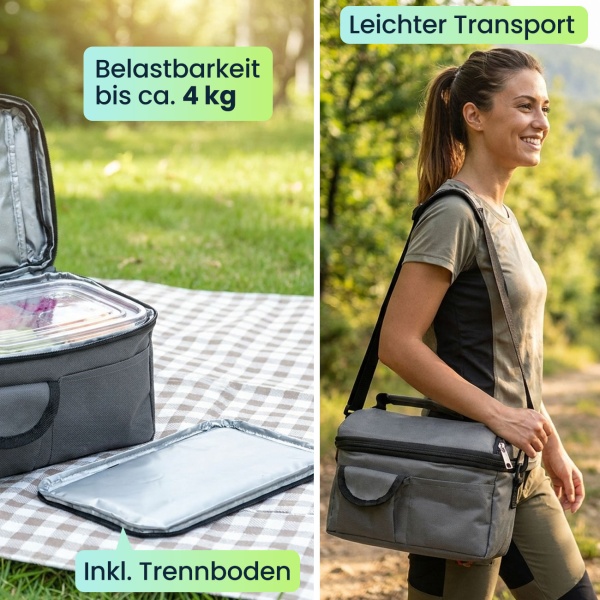 Mini-Kühltasche faltbar (6L) - Isoliert & auslaufsicher - Kühltasche mit Schultergurt, Tragegriffen & Trennfächern für Picknick & Büro