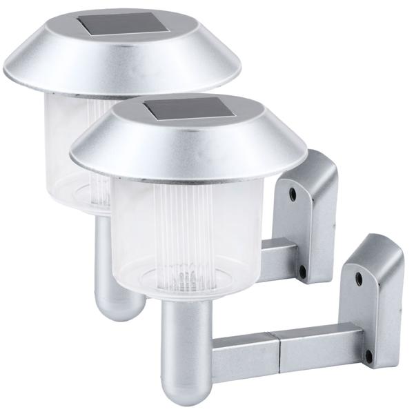 2er-Set Solar-Wandleuchte silber - Zeitlose Eleganz für Aussenwände & Eingangsbereiche - Dämmerungssensor - Kaltweiss - 6-8h Akkulaufzeit - 14x9.5x12 cm