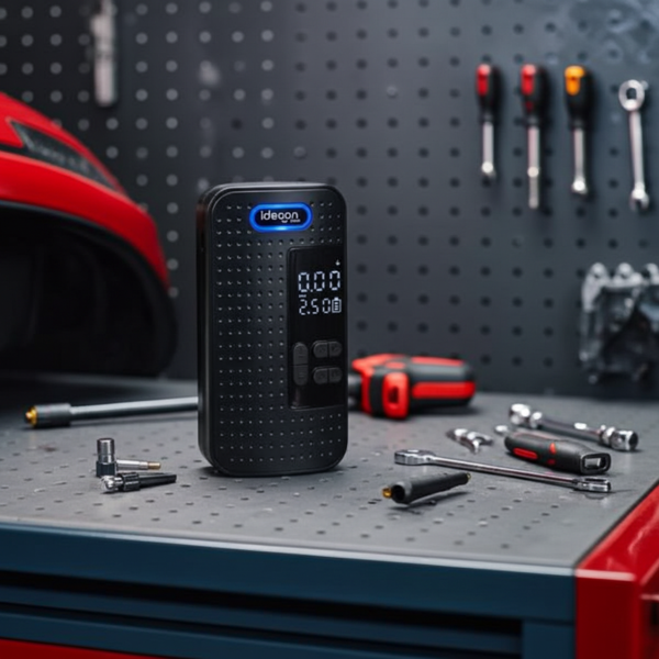 Mobiler 10.3 bar Akku-Kompressor: Leistungsstarke & kabellose Luftpumpe mit Digital-Display für Auto & Fahrrad, inkl. Powerbank und LED-Leuchte