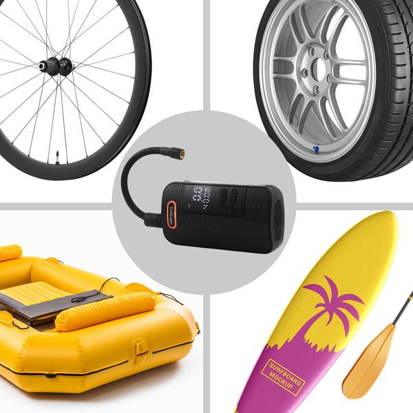 Mobiler 10.3 bar Akku-Kompressor: Leistungsstarke & kabellose Luftpumpe mit Digital-Display für Auto & Fahrrad, inkl. Powerbank und LED-Leuchte