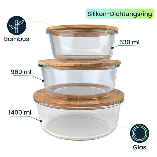2er-Set Hochwertige Vorratsdosen mit Deckel, rund, Glas/Bambus, 3 Grössen: Vorratsgläser für Aromaschutz & eine stilvolle Ordnung