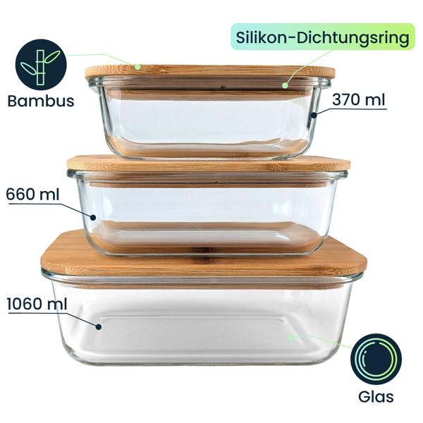 6er-Set Hochwertige Vorratsdosen mit Deckel, rechteckig, Glas/Bambus, 3 Grössen: Vorratsgläser für Aromaschutz & eine stilvolle Ordnung