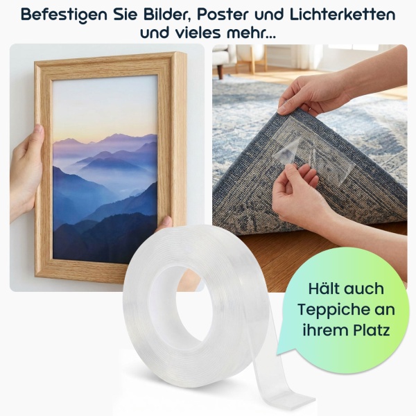 2er-Set Doppelseitiges Nano-Klebeband Transparent (5m x 10mm): Starke 110g/cm² Haltekraft, Wiederverwendbar, spurlos ablösbar