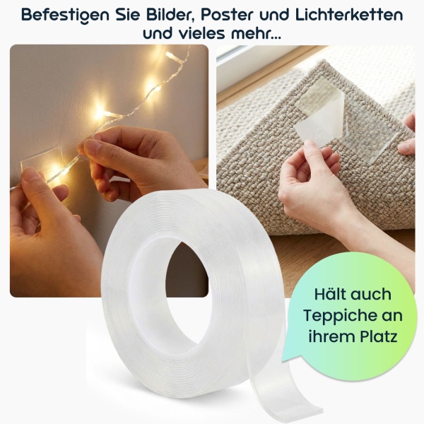 2er-Set Doppelseitiges Nano-Klebeband Transparent (5m x 30mm): Starke 110g/cm² Haltekraft, Wiederverwendbar, spurlos ablösbar