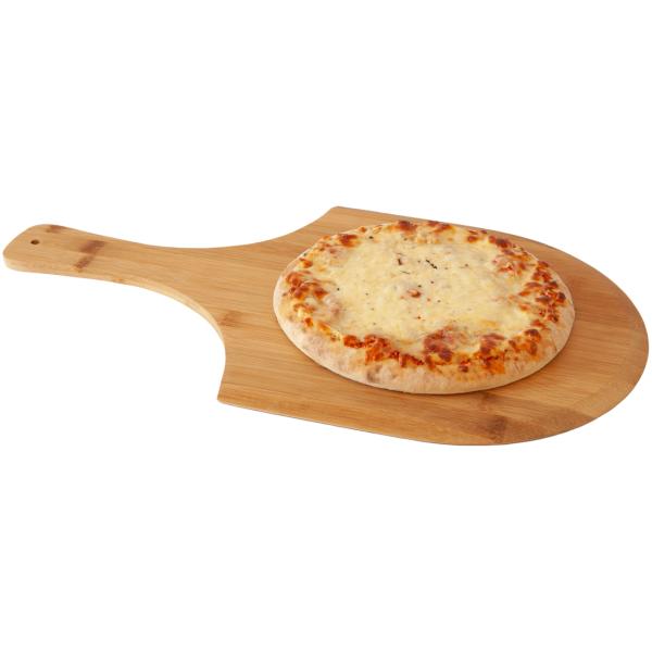 Pizzabrett aus Bambus - 53,5x30,5cm - Mit trendigem Aufdruck "fresh & hot" - Antibakteriell - Mit Haltegriff & Loch zum Aufhängen