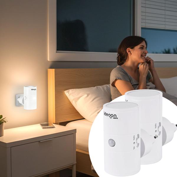 2er-Set Steckdosen Nachtlicht Weiss dimmbar: Intelligente Nachtlampe mit PIR & Dämmerungssensor für sichere Orientierung im Dunkeln