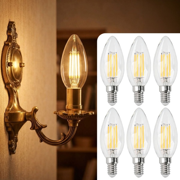 6er-Set LED Filament Kerzenlampe C35 E14 4W 400lm Warmweiss 2500K Vintage Glühbirne Retro Glühlampe Warmes Licht Windlicht Kerzenform