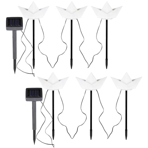 2er-Set Solar-Dekoleuchten 3 Papierschiffe (weiss): 28,5cm Höhe, inkl. Erdspiess – dekorative Solarlampen in Bootsform für stimmungsvolle Beleuchtung