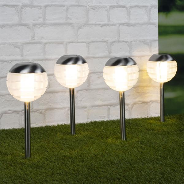 Elegantes 4er LED-Kugelleuchten Set mit Erdspiess: Stimmungsvolle Gartenbeleuchtung, robust, langlebig & einfach zu installieren für Wege, Beete & Terrasse