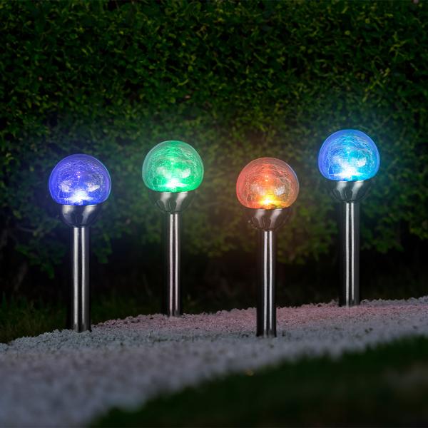 8er-Set Dekorative Solar-Gartenlampe mit Crackle-Effekt-Kugel & Erdspiess, bunt – Garten-Wegelicht & Romantische Gartenbeleuchtung, ideal für Rasen & Beete