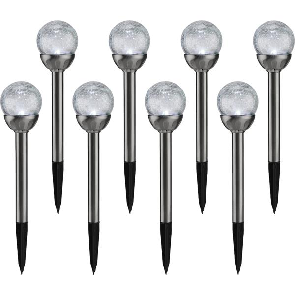 8er-Set Dekorative Solar-Gartenlampe mit Crackle-Effekt-Kugel & Erdspiess, bunt – Garten-Wegelicht & Romantische Gartenbeleuchtung, ideal für Rasen & Beete