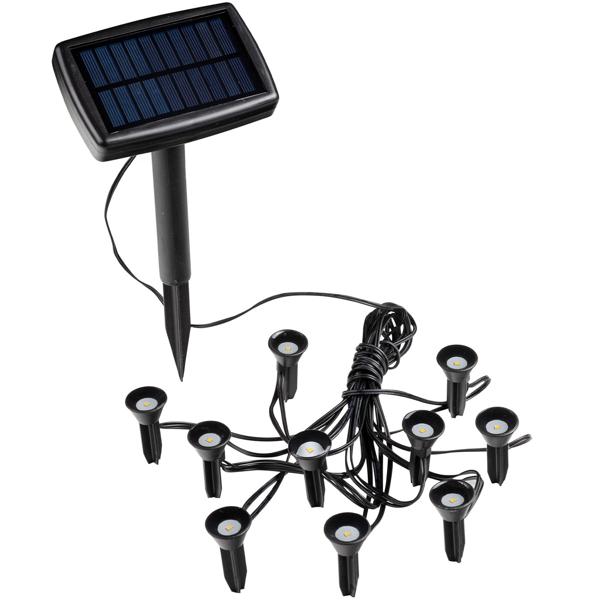 LED Solar Gartenstrahler mit 10 Bodenspots – Pflanzen- & Baumbeleuchtung – Warm-weisses Licht, IP44 wetterfest, 20 Lumen, 5.5m Gesamtlänge