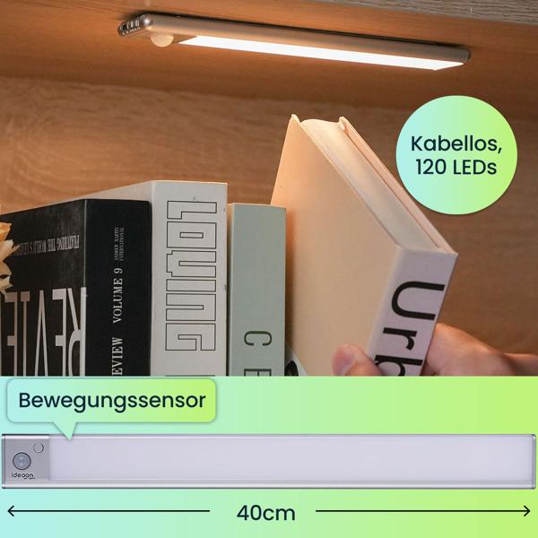 2er-Set Flache Akku LED-Lichtleiste, 40cm mit Bewegungssensor, 120 LEDs: Kabellos, hell & energiesparend – Perfekt für Schrank, Flur & Küche