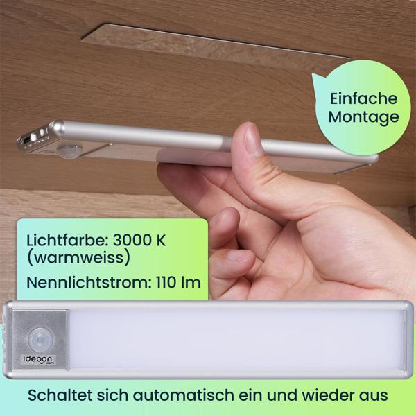 4er-Set Flache Akku LED-Lichtleiste, 20,5cm mit Bewegungssensor: Kabellos, hell & energiesparend – Perfekt für Schrank, Flur & Küche