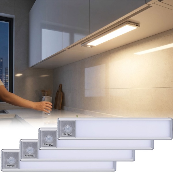 4er-Set Flache Akku LED-Lichtleiste, 20,5cm mit Bewegungssensor: Kabellos, hell & energiesparend – Perfekt für Schrank, Flur & Küche