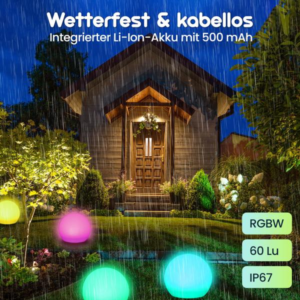 2er-Set Solar-LED-Leuchtkugel, Ø 30cm, RGBW mit Fernbedienung, 60 Lu, IP67. Farbwechsel-Lichtkugel für Garten & Terrasse, wetterfest & kabellos