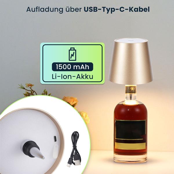 2er-Set Edle Akku Flaschenlampe Gold: Dimmbar, 3 Lichtfarben: Verwandelt Flaschen in stimmungsvolle Leuchten