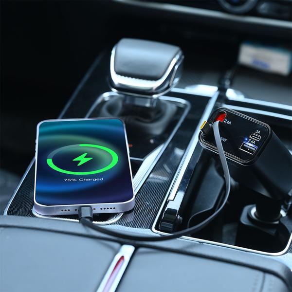4in1 KFZ-Ladegerät 69W - PD 3.0 Schnellladen - Aufrollbares USB-C & Lightning Kabel 80cm - 2 Zusatz-Ports - 12V-24V Aluminium-Gehäuse