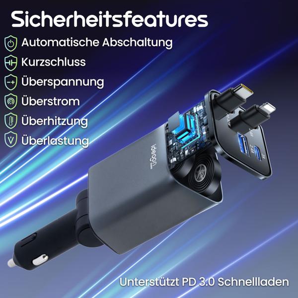 4in1 KFZ-Ladegerät 69W - PD 3.0 Schnellladen - Aufrollbares USB-C & Lightning Kabel 80cm - 2 Zusatz-Ports - 12V-24V Aluminium-Gehäuse