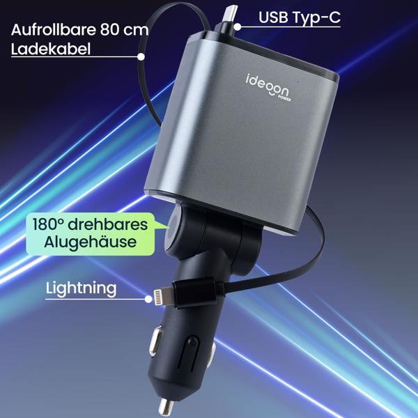 4in1 KFZ-Ladegerät 69W - PD 3.0 Schnellladen - Aufrollbares USB-C & Lightning Kabel 80cm - 2 Zusatz-Ports - 12V-24V Aluminium-Gehäuse