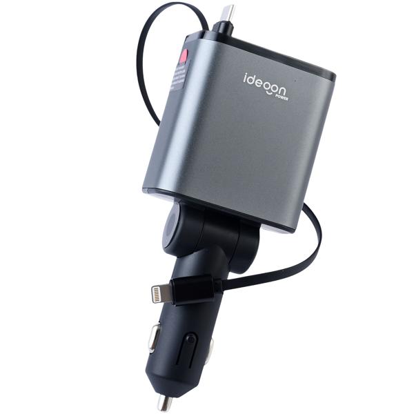 4in1 KFZ-Ladegerät 69W - PD 3.0 Schnellladen - Aufrollbares USB-C & Lightning Kabel 80cm - 2 Zusatz-Ports - 12V-24V Aluminium-Gehäuse