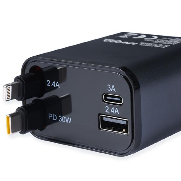 4in1 KFZ-Ladegerät 69W - PD 3.0 Schnellladen - Aufrollbares USB-C & Lightning Kabel 80cm - 2 Zusatz-Ports - 12V-24V Aluminium-Gehäuse